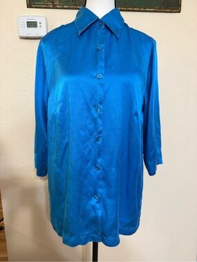 Vtg Karen Arnold Blouse Size M 100% Silk Blue Turquoise Button Up Tunic Top